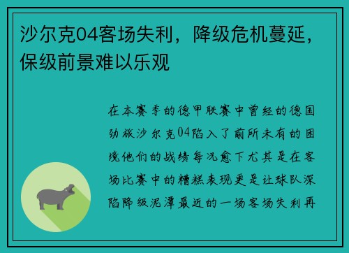 沙尔克04客场失利，降级危机蔓延，保级前景难以乐观