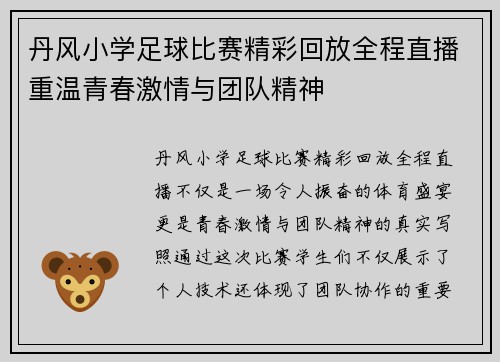 丹风小学足球比赛精彩回放全程直播重温青春激情与团队精神